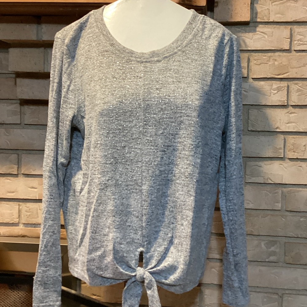 LC Couture Women's Gray Long Sleeve sparkle rhinestone Tie-Front Top